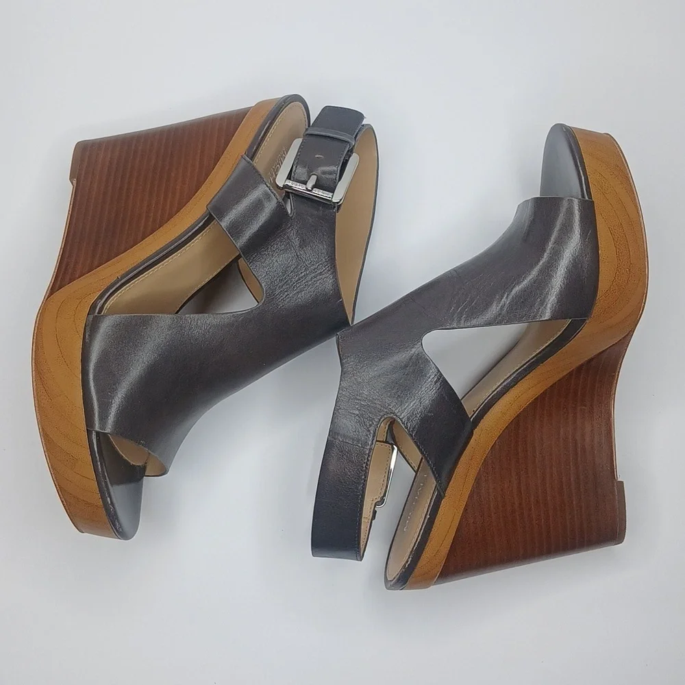 Michael Kors‎ Wedge Sandals Womens 10 Dark Brown Leather Wood Platform Buckle